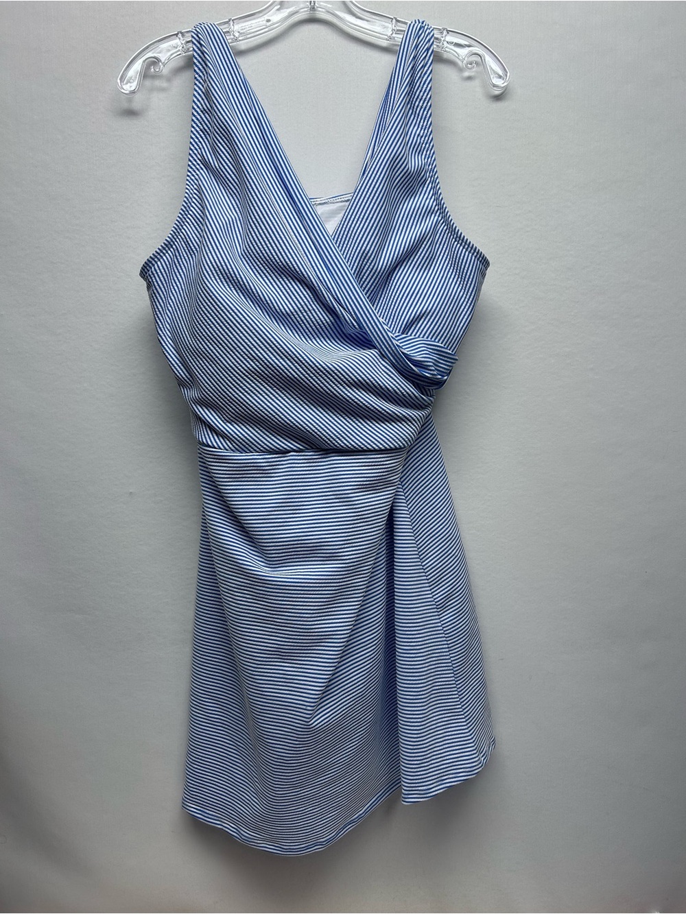 Sleeveless Blue & White Striped swim Wrap Dress Lands End size 16